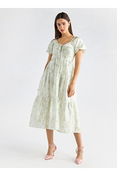 FAV Floral Print Tiered Dress with Sweetheart Neck and Short Sleeves