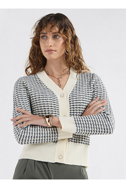 FAV Textured V-neck Cardigan with Long Sleeves and Button Closure