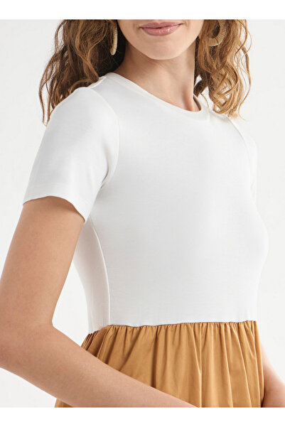 FAV Colourblock A-line Dress with Round Neck and Short Sleeves