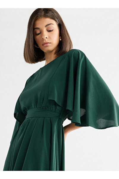FAV Solid Midi Dress with Flutter Sleeves and Tie-Up Belt