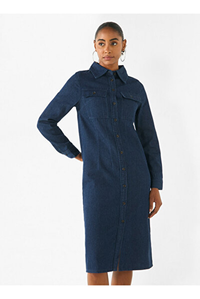 FAV فستان قميص جينز بياقة وأكمام طويلة