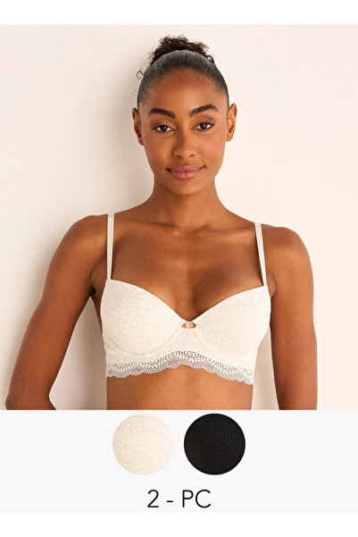 FAV مجموعة من قطعتين - حمالة صدر مبطنة بحواف من الدانتيل مع إغلاق بخطاف وعين