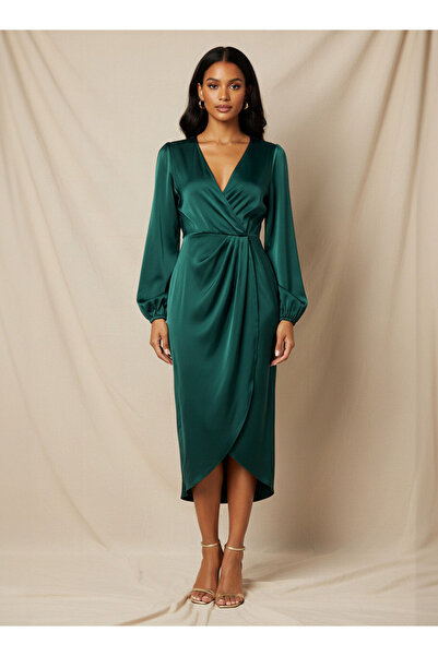 FAV Wrap Midi Polyester Dress with Puff Sleeves