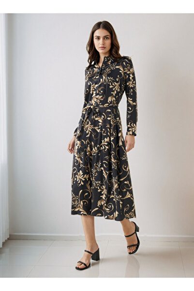 FAV فستان قميص مطبوع مع تفاصيل ربطة عنق من البوليستر