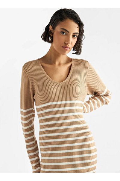 FAV Striped V-neck Dress with Long Sleeves