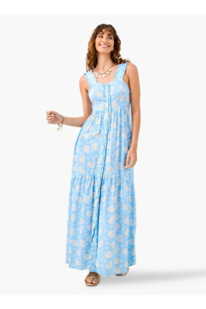 FAV فستان مطبوع بدون أكمام مع رقبة مربعة وتفاصيل كشكشة