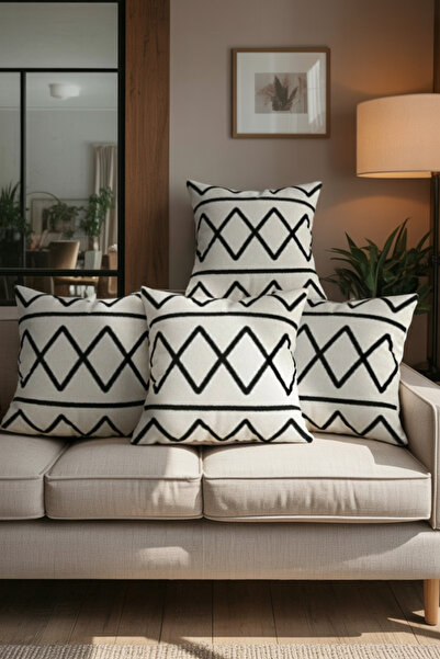 Artvibe Modern Dörtgen Desenli Siyah Krem Hediyelik Dekoratif 4lü Kırlent Kıl...