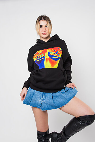 Bak Moda هودي أسود كبير الحجم مطبوع عليه ثيرمال بوبس للجنسين