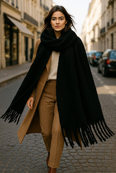 Luminos Butik Women's Black Tasseled Imported Scarf-Shawl Sal1295