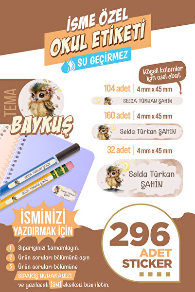 colortouch 296 ADET Baykuş Temalı Okul Etiketi Kalem Etiketi Sticker Defter E...