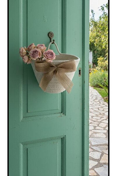 Pınar Gündoğdu Collection Hasır kapı önü sepeti, askılı gazetelik çok amaçlı sepet banyo mutfak çiçeklik askılı hasır sepet
