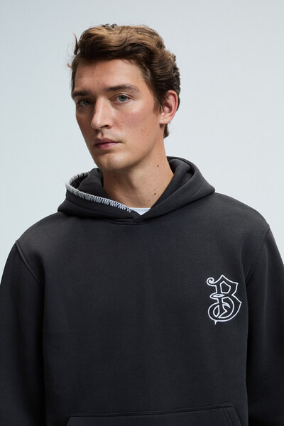 GRIMELANGE Grover Men's Anthracite Sweatshirt with Hood, Decorative Stitching Detail, Embroidered Chest and Kangaroo Pocket