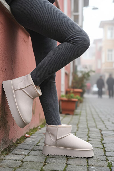 LUXEON Γυναικείες μπότες μπεζ σουέντ - Ζεστό μποτάκι με γούνα, χοντρή σόλα και κοντό στον αστράγαλο