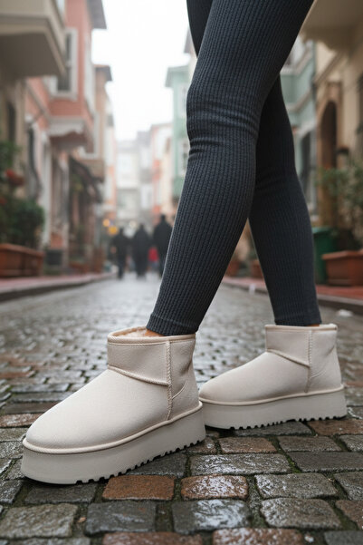 LUXEON Γυναικείες μπότες μπεζ σουέντ - Ζεστό μποτάκι με γούνα, χοντρή σόλα και κοντό στον αστράγαλο