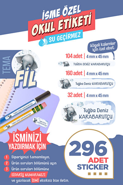 colortouch 296 ADET Fil Temalı Okul Etiketi Sticker Kalem Etiketi Sticker Defter Etiket Kişiye Özel İsim Etiket