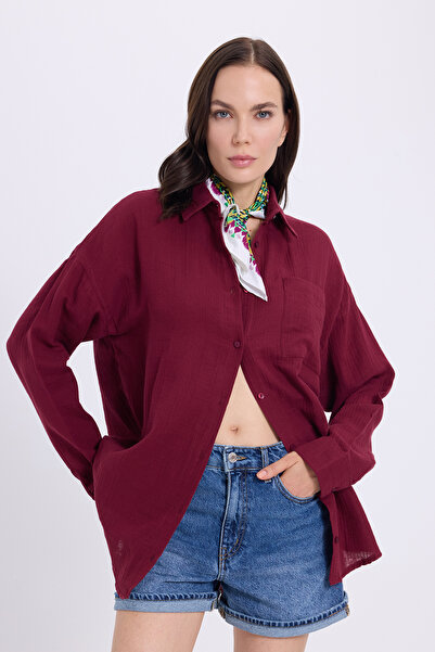 Tudors Kadın Oversize Geniş Kesim %100 Pamuk Müslin Kumaş Uzun Kollu Cepli Dokulu Bordo Gömlek