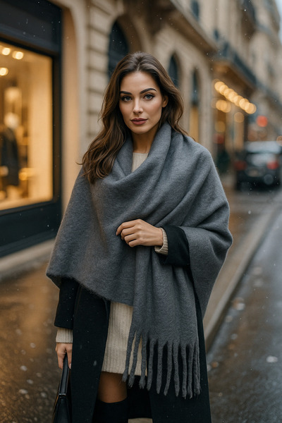 Luminos Butik Women's Anthracite Tasseled Imported Scarf-Shawl Sal1295