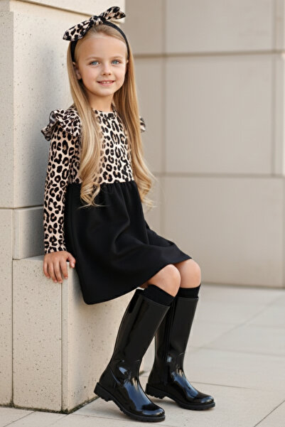 Parla Kids Dívčí leopardí vzorované šátkové šaty s dlouhým rukávem