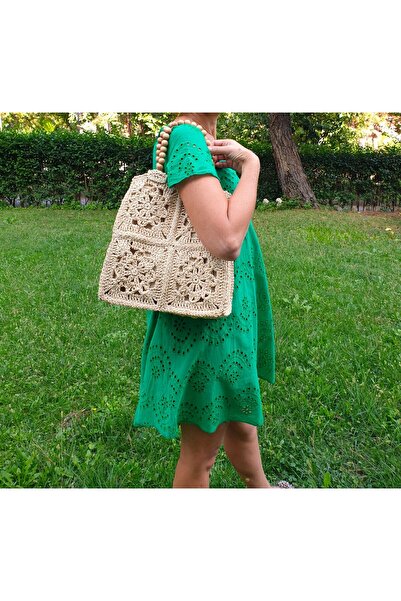 crafttatelier KREM RENK ETNİK DESENLİ AHŞAP BONCUK ASKILI EL ÖRGÜSÜ KAĞIT İP ...