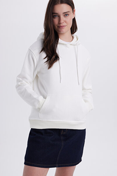 Tudors Women's Relax Fit Comfortable Cut Cotton Hooded Kangaroo Pocket Ecru Sweatshirt