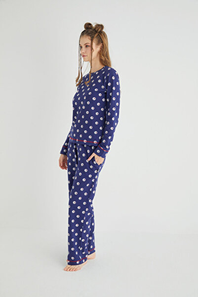 Hello Kitty Lisanslı Uzun Kollu Lacivert Pamuklu Pijama Takımı