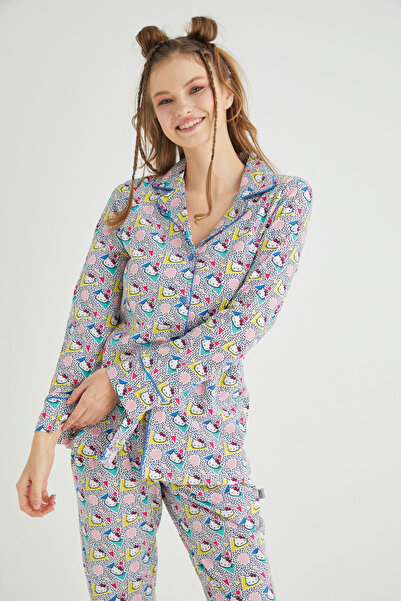 Hello Kitty Lisanslı Düğmeli Uzun Kol Pijama Takım Roz-56