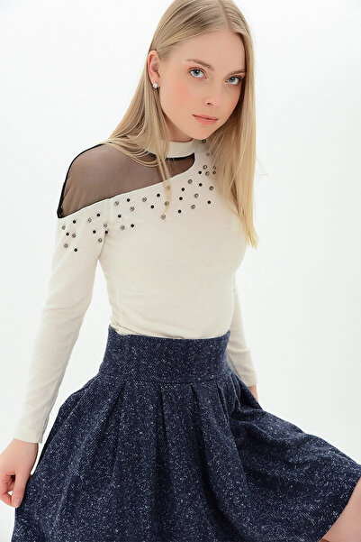 Cotton Mood 9100986 Yumoş One-Shoulder Tulle Pearl Blouse Beige