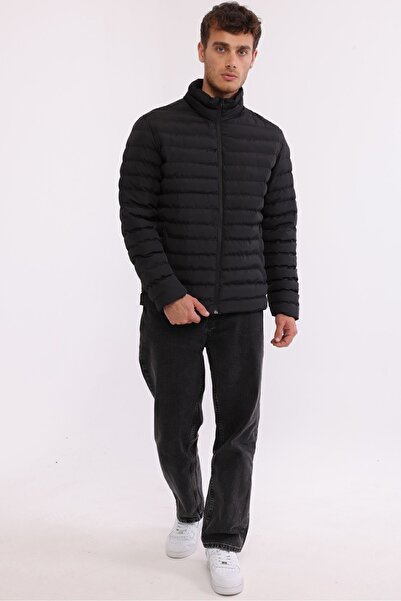 D1fference Pánská přenosná taška Větruodolný stojánek s límcem plněný vlákny odlehčený černý kabát