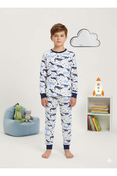 ROSAMİNA Yellow Dinosaur 100% Cotton Pajama Set