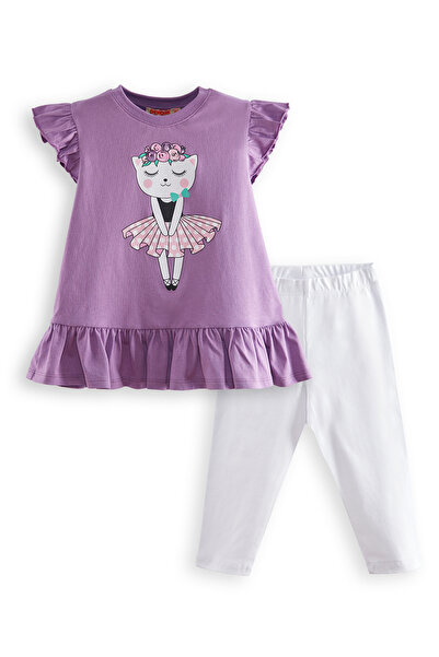 Denokids Floral Cat Girl Purple T-Shirt Tights Set