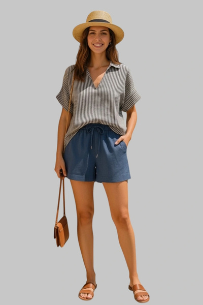 Jessica Dafer Mirabel İndigo Keten Şortlu Çizgili Takım