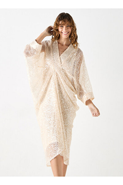 Smart Sequin Embellished Kaftan Dress with V-neck and Long Sleeves