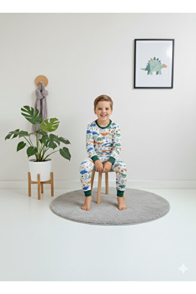MADALİNA Fiú 100% pamut zöld dinoszaurusz nyomott pizsama szett