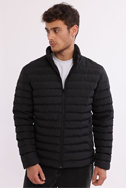 D1fference Pánská přenosná taška Větruodolný stojánek s límcem plněný vlákny odlehčený černý kabát