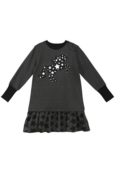 MSHB&G Yıldızlı Unicorn Antrasit Kız Çocuk Kışlık Uzun Kollu Fırfırlı Elbise