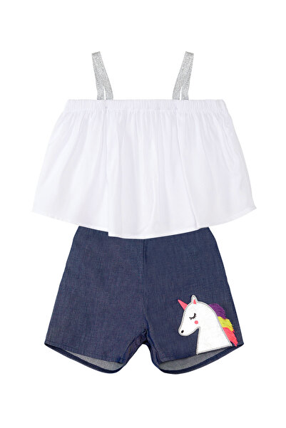 Denokids Літній костюм для дівчинки з принтом єдинорога Кольорова блузка та джинсовий сорт