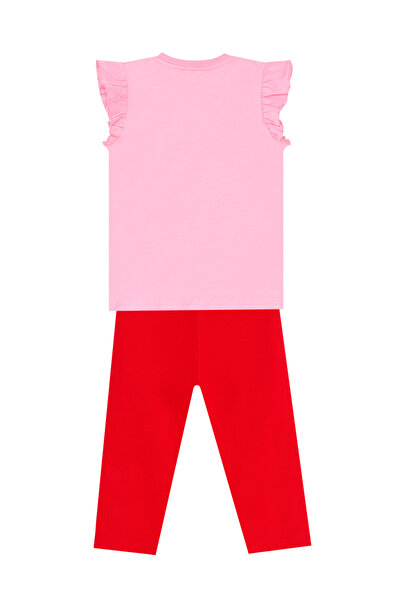 Denokids Girl's Strawberry Patterned Frilly Summer T-shirt and Leggings Set