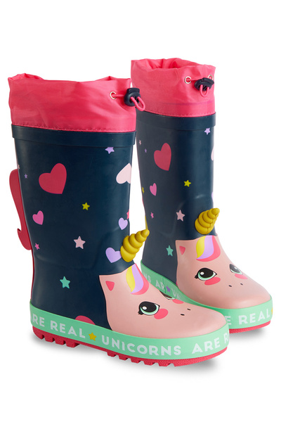 Denokids Unicorn Patterned Girl's Rain Boots - Navy Blue, Elastic