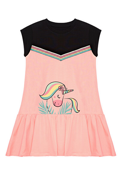 Denokids Unicorn Patterned Floral Girl's Dress - Salmon Black Summer Combed Cotton