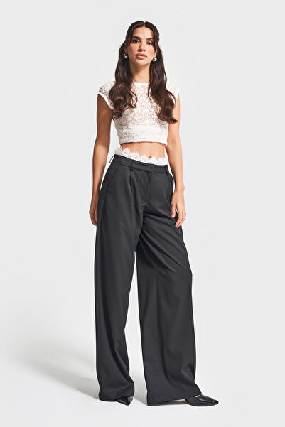 its basic Women's Black Color W5-1 Palazzo Fit Belted Lace Detailed Design Trousers