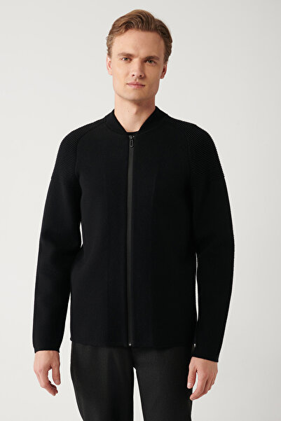 Avva Men's Black Bomber Collar Zip Steel Knitted Knitwear Cardigan A32Y5118