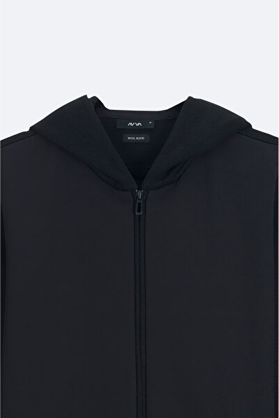Avva Black Men's Wool Cardigan - Hooded, Zippered, Tech Fabric Detail A32Y6058