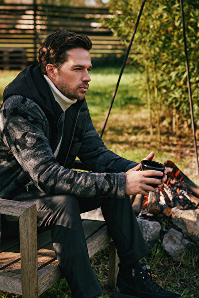 Avva Men's Anthracite Knitted Hooded Front Zipper Coat A32Y6107