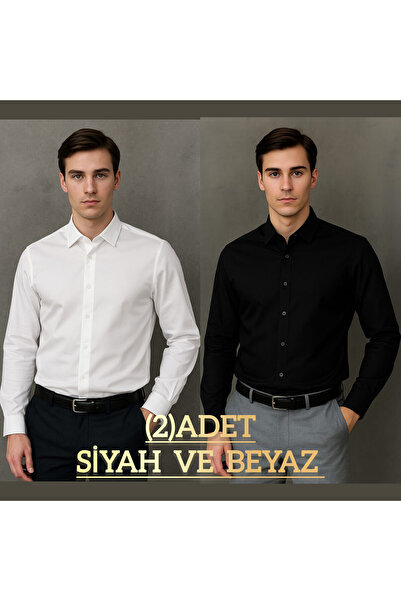 cto your style Slim Fit Dar Kesim Düz Sert Yaka Uzun Kollu Kolay Ütü  Dört Mevsim beyaz ve siyah [2 adet]  Gömlek