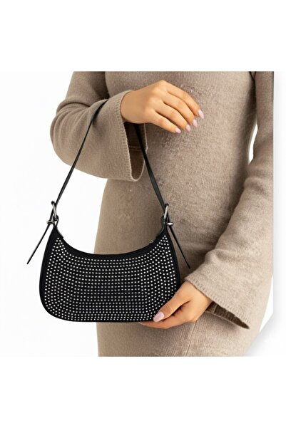 Madame Black Stone Shoulder Bag Baguette