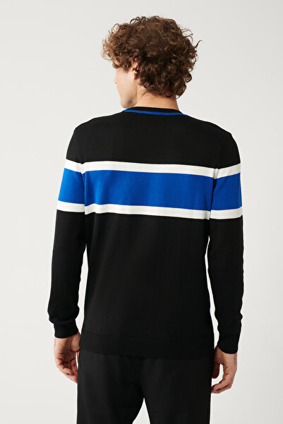 Avva Schwarzer Strickpullover aus strukturierter Baumwolle mit Rundhalsausschnitt für Herren A32y5073