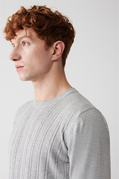 Avva Erkek Gri Bisiklet Yaka Ön Bedeni Desenli Kazak A32Y5158