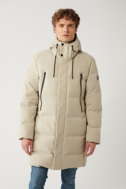 Avva Ανδρικό μπεζ κουκούλα χήνας, υδατοαπωθητικό μακρύ παλτό A32y6047