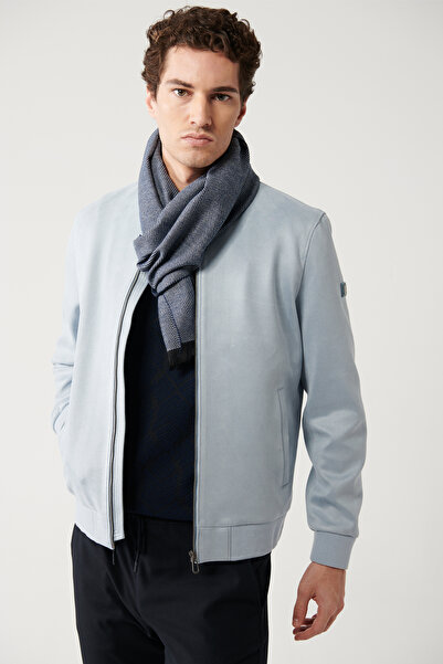 Avva Men's Blue Bomber Neck Zipper Suede Look Thin Coat A32Y6040
