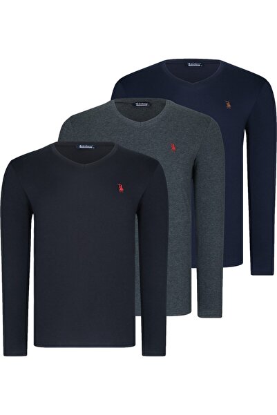 Dewberry ÜÇLÜ SET T8587 V YAKA ERKEK SWEATSHIRT-SİYAH-ANTRASİT-LACİVERT